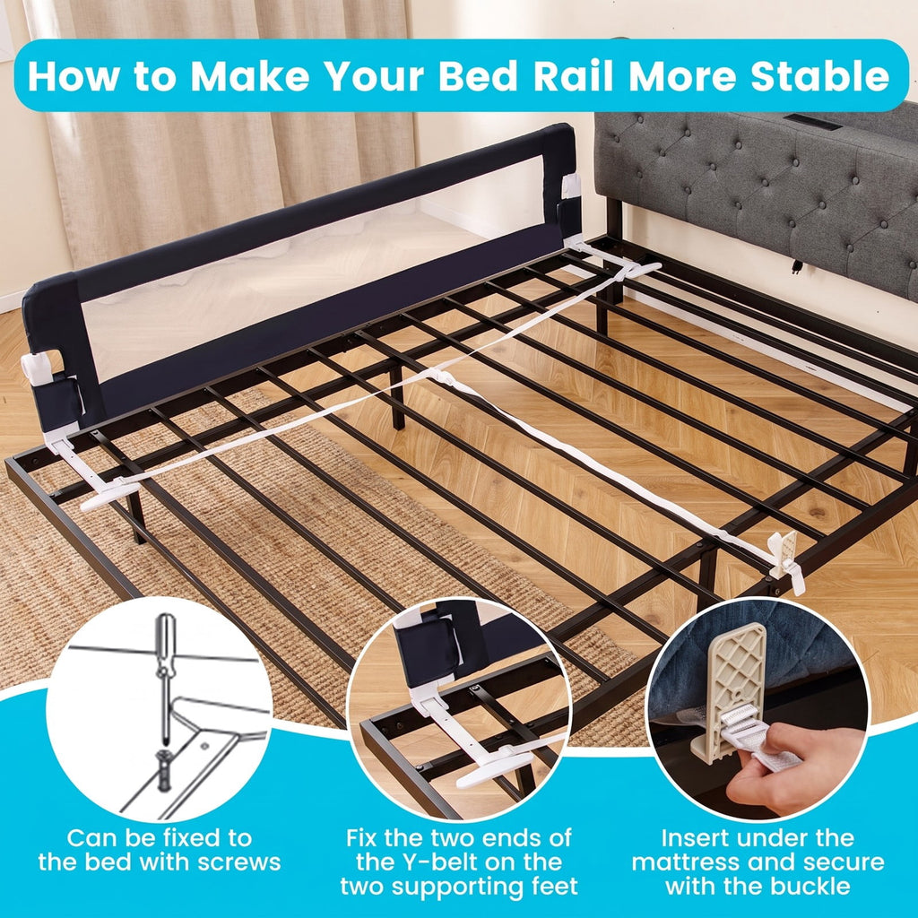 Airfind 71-Inch Foldable Bed Rail Swing Down Baby Bed Guard Rail with Adjustable Safety Strap, Metal Oxford Cloth PP Cotton, Blue