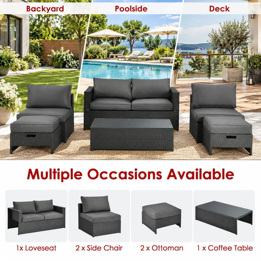 Airfind 6 Pieces Patio Rattan Furniture Set with Glass Table and Cushioned Seat, 530 lbs Capacity, Steel Frame, 60 x 28.5 x 25 Footprint, Gray