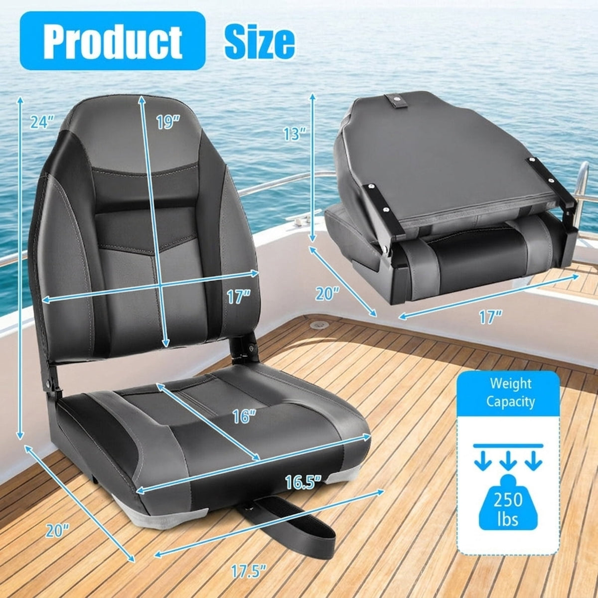 Airfind High-Back Folding Boat Seat with Thick Cushioned Padding and Waterproof Vinyl and Aluminum Hinges and Universal Mount Bracket for Fishing Pontoon and Runabout, Black
