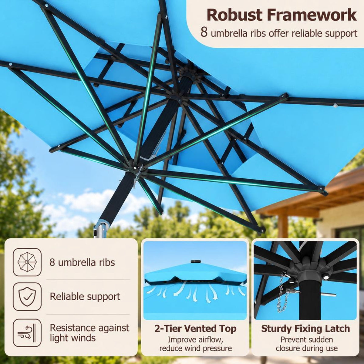 Airfind 9 FT Solar LED Patio Umbrella Push-Button Tilt and Crank 24 LED Lights and 8 Ribs, Polyester Fabric Metal Frame, 9 x 8.2 ft Footprint