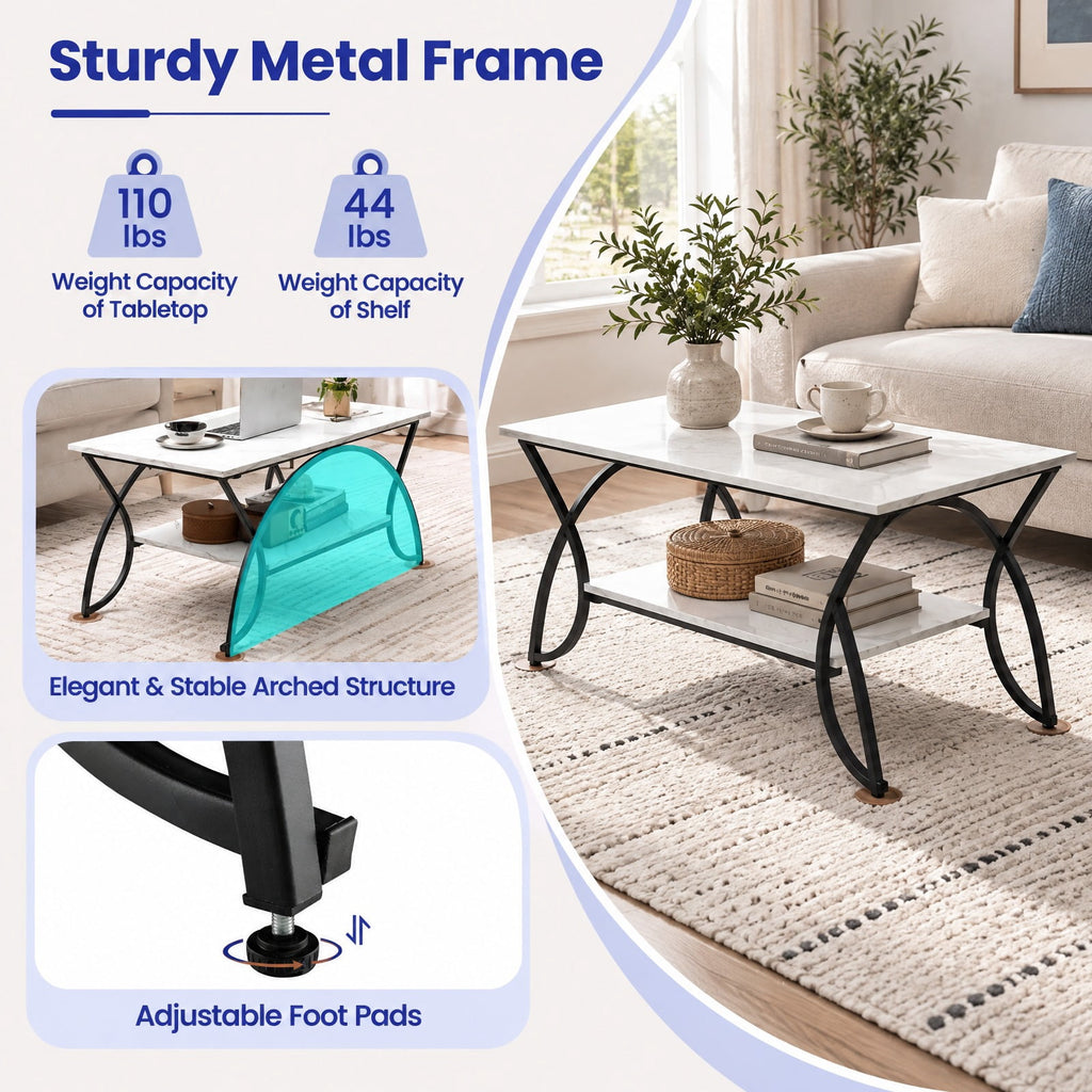 Airfind 2-Tier Faux Marble Coffee Table with Marble Top and Metal Frame, 110 lbs Capacity, Engineered wood steel Frame, Black White
