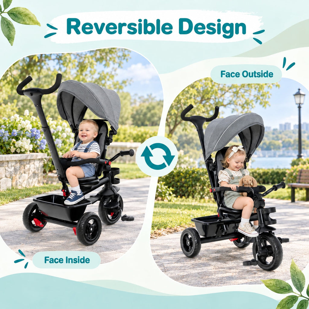 Airfind 4-in-1 Baby Tricycle Toddler Trike with Convertible Seat, 55 lbs Capacity, Steel polyester fabric PP EVA Frame, Gray