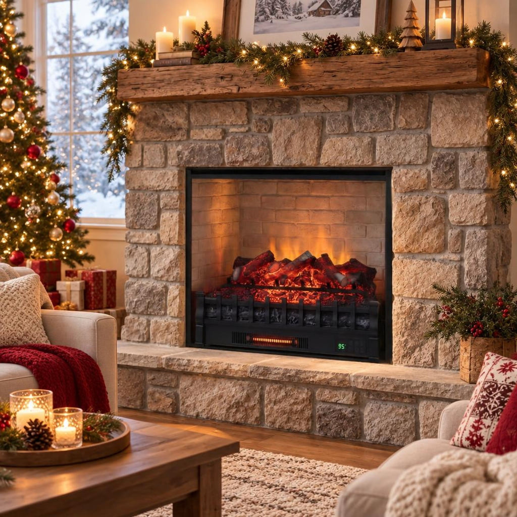 Airfind 26 Inch WiFi Infrared Quartz Electric Fireplace Insert Logs Heater with Realistic Lemonwood Logs, Cold-rolled Steel ABS Resin Frame, Black