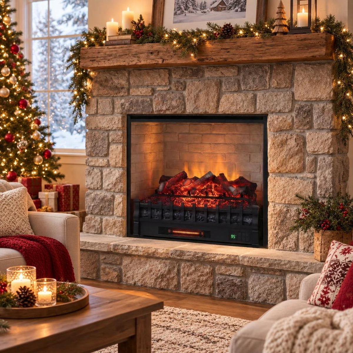 Airfind 26 Inch WiFi Infrared Quartz Electric Fireplace Insert Logs Heater with Realistic Lemonwood Logs, Cold-rolled Steel ABS Resin Frame, Black