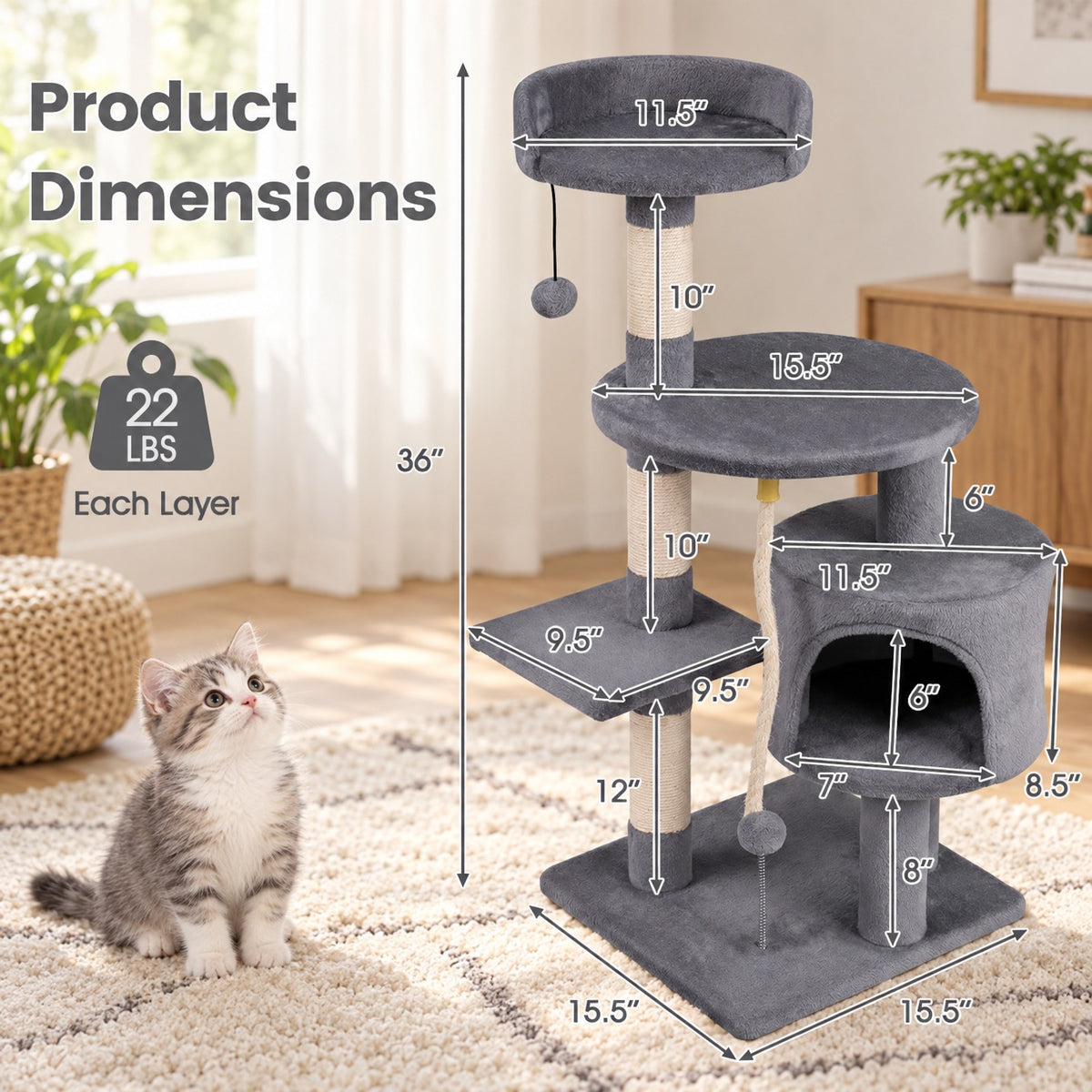 Airfind 36 Inch Tall Kitten Tower with Condo and Plush Perch, 22 lbs Capacity, Engineered Wood Sponge Plush Fabric Sisal Base Frame, Light Gray