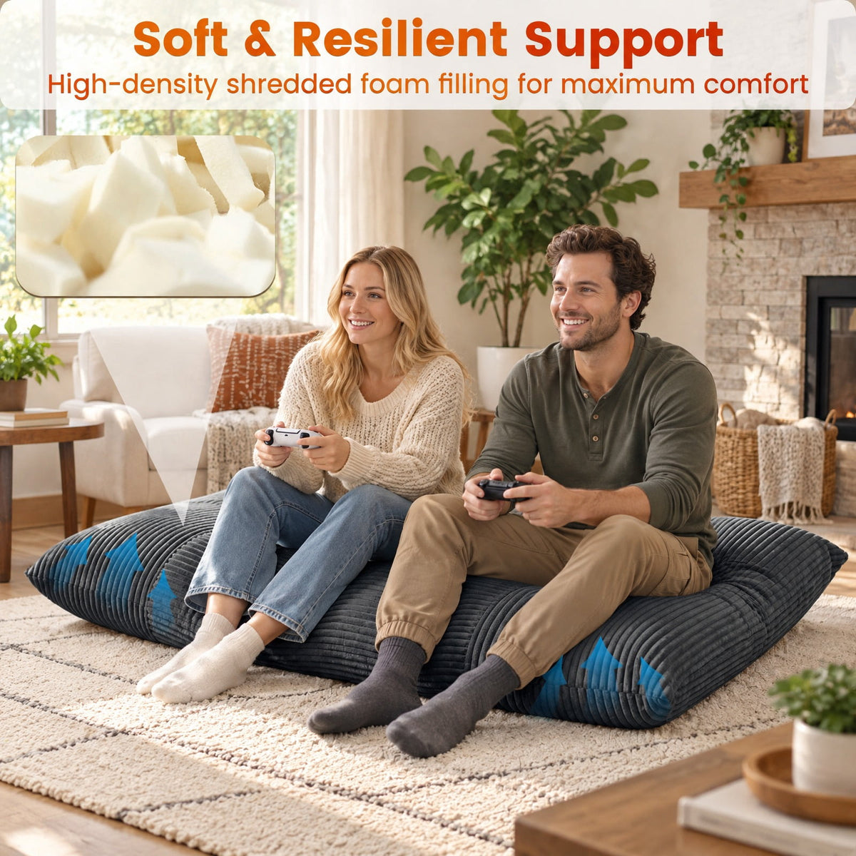 Airfind Convertible Bean Bag Floor Sofa with Machine-washable Corduroy Cover, Corduroy Fabric Sponge Frame, 76.5 x 55 x 7.5 Footprint, Dark Gray