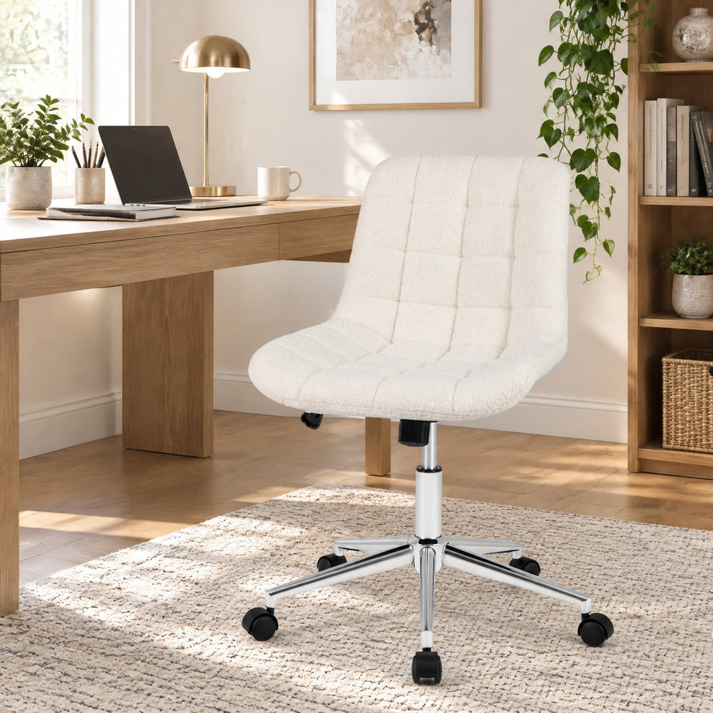 Airfind Teddy Fleece Armless Office Chair Makeup Vanity Chair, 250 lbs Capacity, Metal Teddy Fleece Sponge Nylon Frame, White