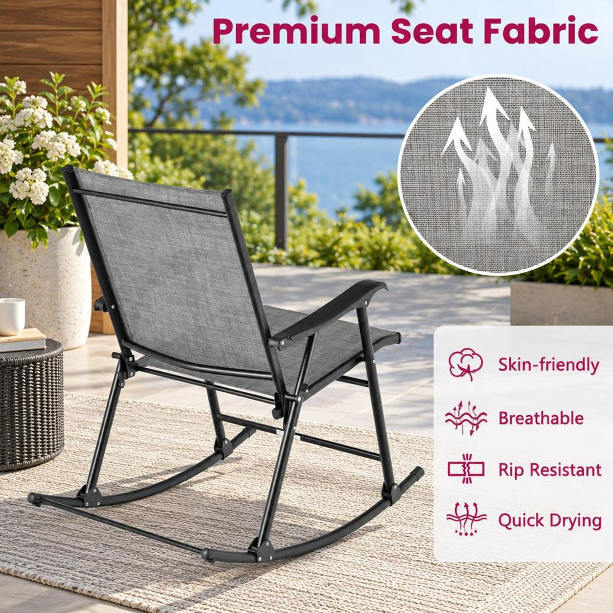 Airfind Folding Rocking Chair with Breathable Seat Fabric Set of 2, 330 lbs Capacity, Fabric Metal Frame, 32.5 x 25 x 36 Footprint, Gray