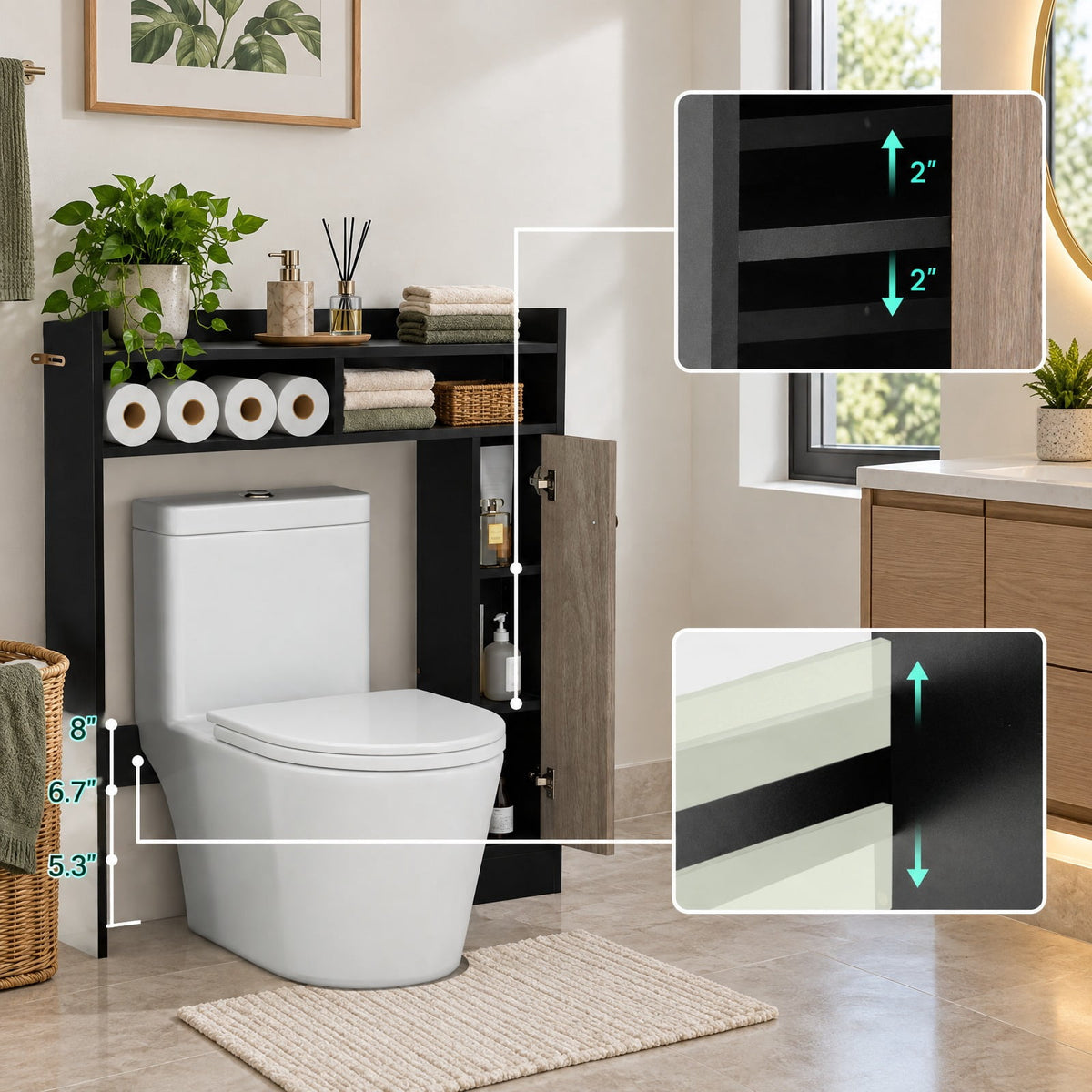 Airfind Bathroom Over the Toilet Floor Storage Organizer with Adjustable Shelves, 100 lbs Capacity, MDF Engineered Wood Frame, Black