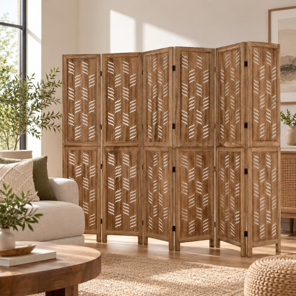 Airfind 5.5 FT Tall Room Divider 6 Panels with Wave Cutout and Paulownia Frame for Room, Paulownia Wood Metal Frame, 95in x 67in Footprint, Brown