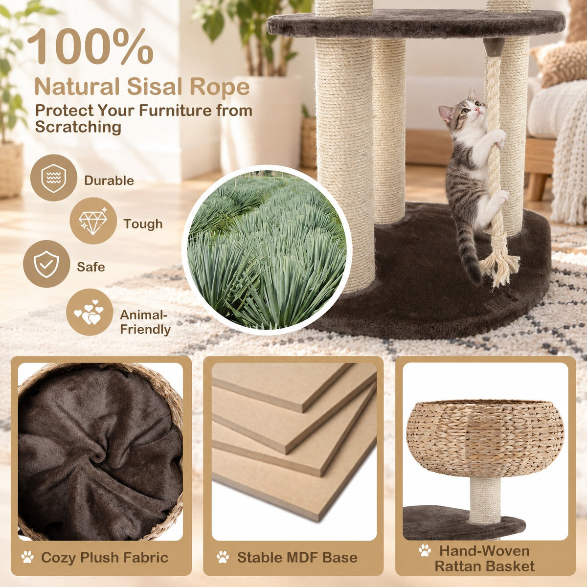 Airfind 41 Inch Rattan Cat Tree with Napping Perch, Water hyacinth straw sisal rope particle board Frame, Brown